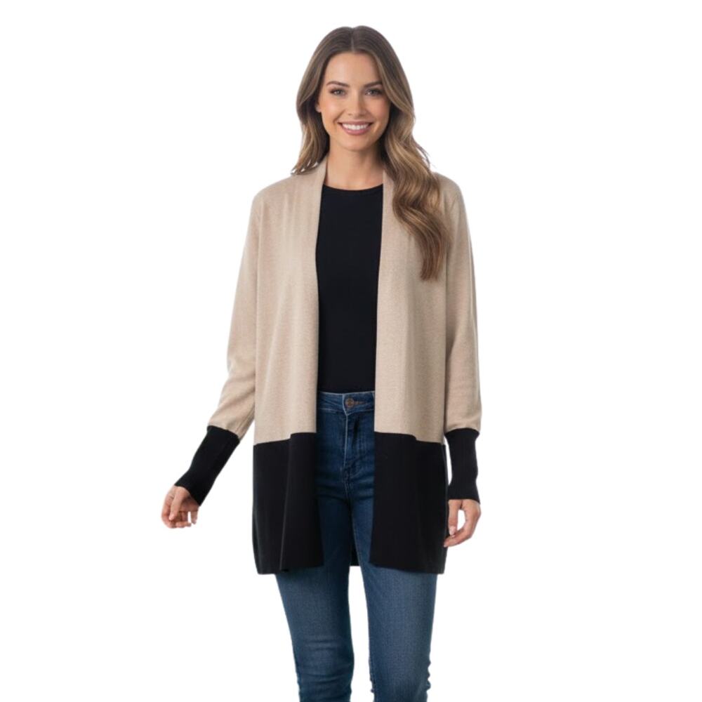 Cyrus NWT Open Front Color Block Long Cardigan M Beige, Oat, Black, Lightweight